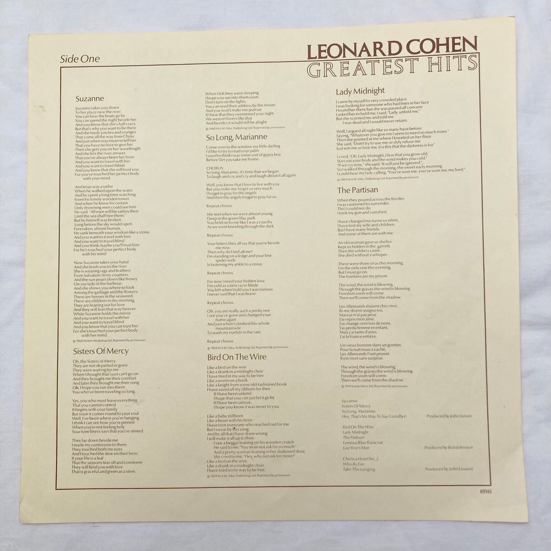 Leonard Cohen – Greatest Hits (Original press with insert)