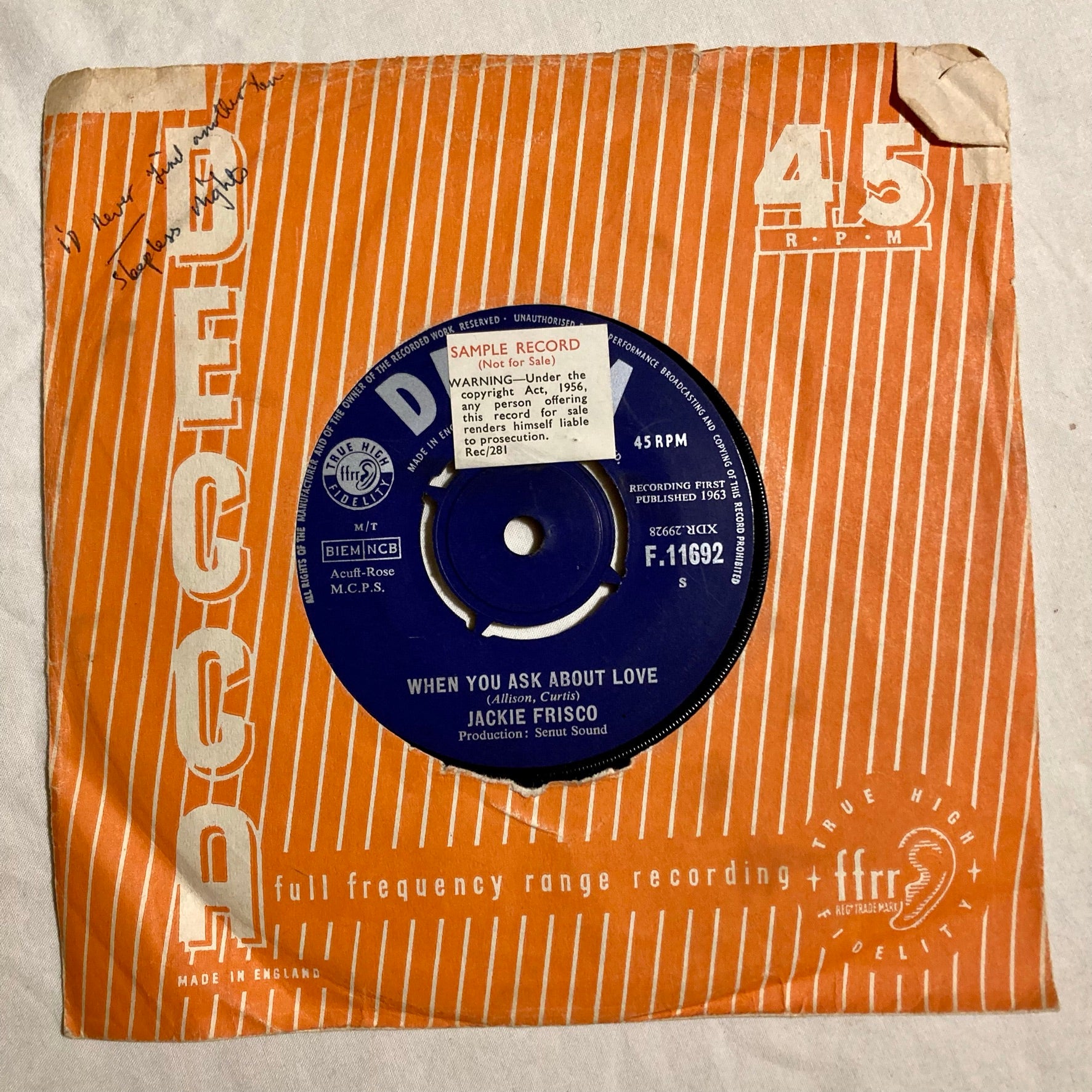 Jackie Frisco - When You Ask About Love / He's So Near 7" single
